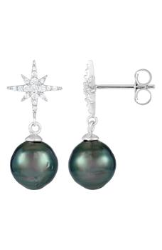 Splendid Pearls | Sterling Silver Starburst 8-9mm Tahitian Pearl Drop Earrings商品图片,