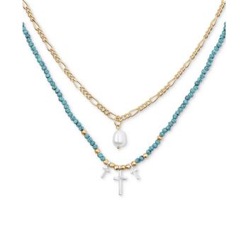 推荐Two-Tone Mixed Stone Bead & Cross Charm Layered Necklace, 16" + 2" extender商品