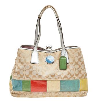 Coach Beige Signature Canvas, Leather, And Multicolor Patent Leather Kisslock Framed Carryall Tote product img