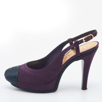 香奈儿鞋, [二手商品] Chanel | Chanel Purple/Black Satin CC Cap Toe Slingbacks Sandals Size 38商品图片 