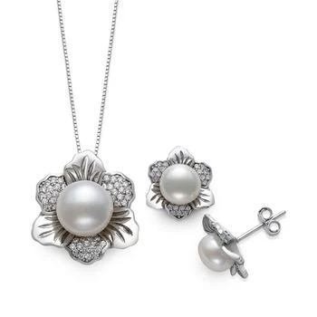 Belle de Mer | 2-Pc. Set Cultured Freshwater Pearl (7 & 10mm) & Cubic Zirconia Flower Pendant Necklace & Matching Stud Earrings in Sterling Silver 独家减免邮费