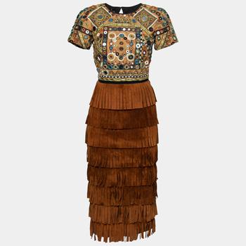 美国burberry, [二手商品] Burberry | Burberry Prorsum Russet Brown Mirror Embellished Fringed Suede Midi Dress S商品图片 3折, 满1件减$100, 满减