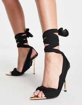推荐Public Desire Huni ribbon tie wrap around sandals in black商品