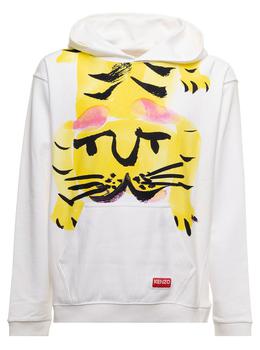 推荐White 'Akae Bowing Tiger' Hoodie in Cotton with Print and Logo Patch Kenzo Man商品