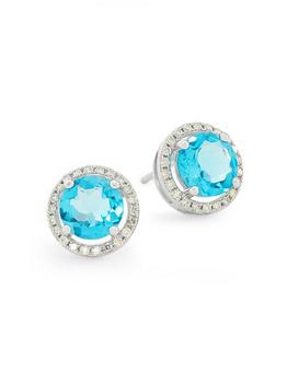 商品14K White Gold, Blue Topaz, & 0.23 TCW Diamond Halo Stud Earrings图片