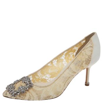 Manolo Blahnik长筒靴, [二手商品] Manolo Blahnik | Manolo Blahnik White Lace And Satin Hangisi Pumps Size 35.5商品图片 5.6折, 满1件减$100, 满减