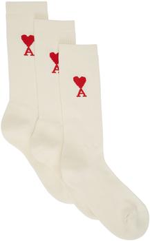 AMI | Three-Pack Off-White Ami de Cœur Socks商品图片,额外8.5折, 独家减免邮费, 额外八五折