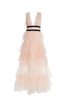 推荐The eliza peachy nude plunge front tulle layered maxi dress商品