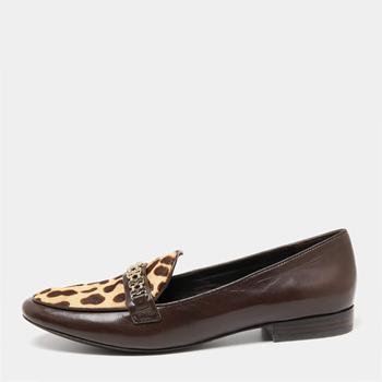 tory burch gemini, Tory Burch | Tory Burch Dark Brown Leather Leopard Print Calf hair Gemini Link Slip On Loafers Size 41商品图片 6.2折