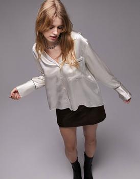 Topshop | Topshop relaxed shirt in oyster with olive piping商品图片,