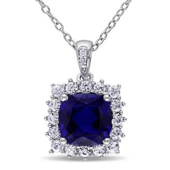 商品Mimi & Max | 3 3/5 CT TGW Created Blue and Created White Sapphire and Diamond Halo Pendant with Chain in Sterling Silver,商家Premium Outlets,价格¥418图片