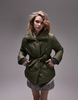 Topshop | Topshop mid length tie belted puffer jacket in green商品图片,