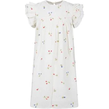 Bonpoint | White Dress For Girl With All-over Cherry And Multicolor Flower Embroidery 独家减免邮费