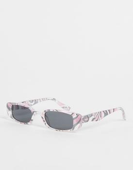 推荐ASOS DESIGN slim rectangle sunglasses with smoke lens in pink marble effect - MULTI商品