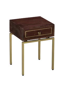商品Ellis 16 Inch Side Table with 1 Drawer and Brass Metal Legs, Brown, Matte Gold图片