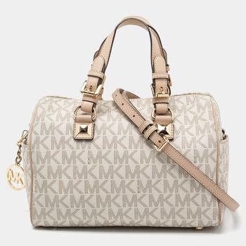 推荐MICHAEL Michael Kors White/Beige Signature Coated Canvas and Leather Grayson Boston Bag商品