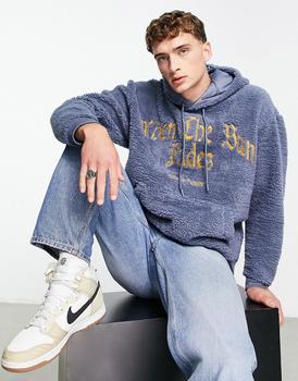 ASOS | ASOS Dark Future oversized hoodie in teddy borg with gothic slogan embroidery in slate blue商品图片,