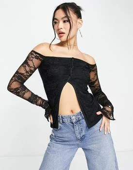 推荐ASYOU lace bardot split front top in black商品