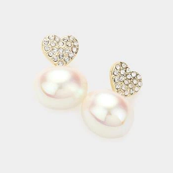 FASHNZFAB | Stone Paved Heart Pearl Dangle Earrings - Cream, Gold,商家Premium Outlets,价格¥161