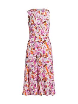 推荐Pleated Watercolor Floral Print Midi-Dress商品