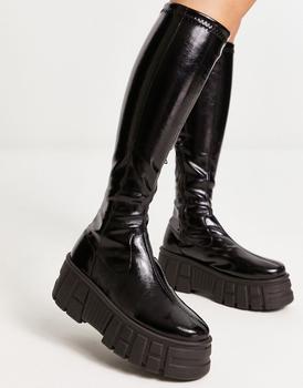 推荐ASOS DESIGN Copenhagen chunky knee high sock boots in black patent商品
