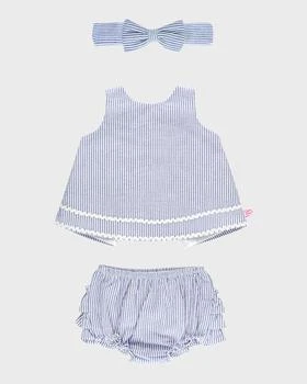 RuffleButts | Girl's Cotton Stripe Swing Top, Bloomers and Headband Set, Size 0M-2T,商家Neiman Marcus,价格¥433