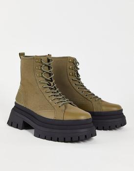 ASOS | ASOS DESIGN lace up boots in khaki canvas on chunky sole商品图片,6折