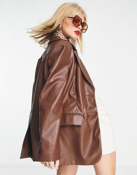 Bershka | Bershka oversized faux leather blazer in brown商品图片,7.5折, 独家减免邮费