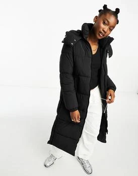 推荐Cotton:On button up mother puffer longline jacket with removable hood in black商品