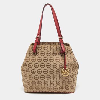 推荐Micheal Kors Beige/Red Signature Canvas and Leather Jet Set Tote商品