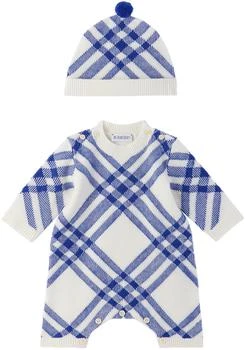 Burberry | 白色格纹婴儿连身裤 & 毛线帽套装 