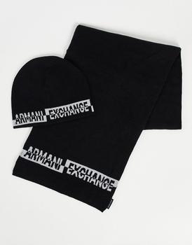 推荐Armani Exchange logo beanie hat & scarf gift set in black商品