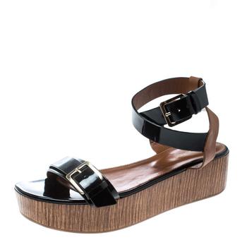 推荐Sergio Rossi Black/Brown Leather Ankle Strap Wedge Sandals Size 40商品