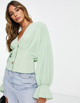 商品ASOS DESIGN button front long sleeve tea blouse with pleat detail in pistachio green图片
