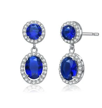 Sterling Silver with Sapphire & Diamond Cubic Zirconia Halo Two Stone Drop Earrings