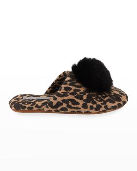 推荐Leopard-Print Cashmere Fox Fur-Trim Slippers商品
