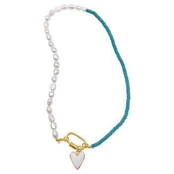 ADORNIA | Turquoise and Freshwater Pearl Lock and Heart Pendant Necklace商品图片,