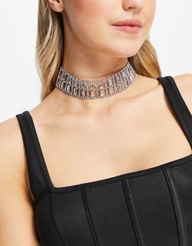 ASOS | ASOS DESIGN choker necklace with baguette crystal design in silver tone商品图片,