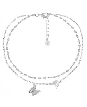 Essentials | Cubic Zirconia Double Row Butterfly Charm Anklet in Silver Plate,商家Macy's,价格¥124