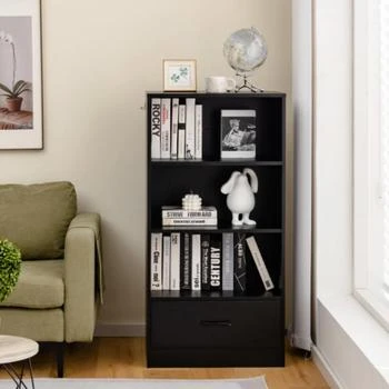 Hivvago | 48 Inch Tall 4 Tiers Wood Bookcase with Drawer-Black,商家Premium Outlets,价格¥948