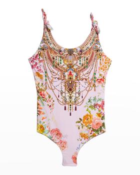商品Girl's Flower Child Embellished One-Piece Swimsuit, Size 12-14图片