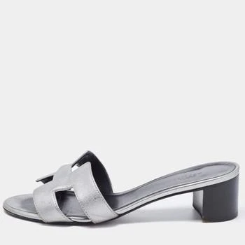 Hermes | Hermes Sliver Leather Oasis Block Heel Slide Sandals Size 37 