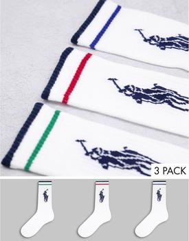 Ralph Lauren | Polo Ralph Lauren 3 pack sport socks in white with stripe and large pony logo商品图片,7.9折×额外8折x额外9.5折, 独家减免邮费, 额外八折, 额外九五折
