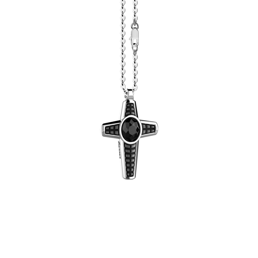推荐Silver necklace with cross pendant, onyx stone in the center and geometric patterns.商品