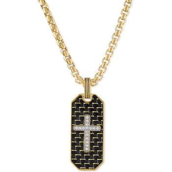 Esquire Men's Jewelry | Diamond Cross Woven Carbon Fiber Dog Tag 22" Pendant Necklace (1/6 ct. t.w.) in Gold-Tone Ion-Plated Stainless Steel, Created for Macy's商品图片,6折