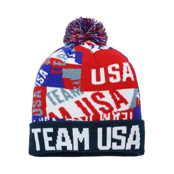 推荐Boys Youth Navy, Red Team USA Patchwork Collage Cuffed Knit Hat with Pom商品