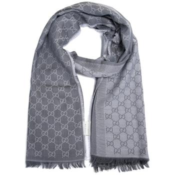 商品Gucci 古驰浅灰色GG字母图案双面羊毛和真丝混纺围巾图片
