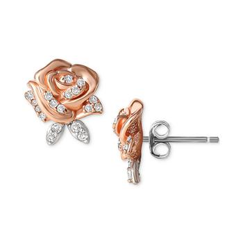 Disney | Cubic Zirconia Rose Beauty & The Beast Stud Earrings in Sterling Silver & 18k Rose Gold-Plate商品图片,3折