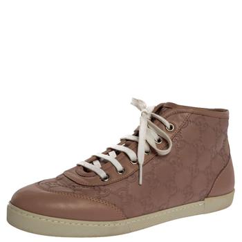 古驰高帮鞋, [二手商品] Gucci | Gucci Nude Pink Guccissima Leather Lace High Top Sneakers Size 37商品图片 9折