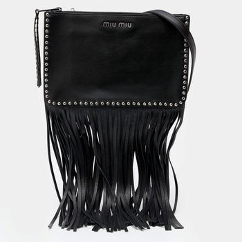 推荐Miu Miu Black Leather Studded Fringe Crossbody Bag商品